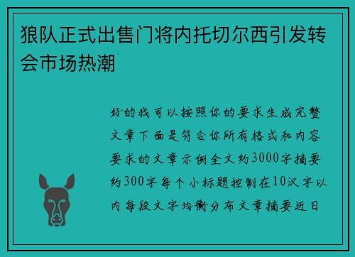 狼队正式出售门将内托切尔西引发转会市场热潮
